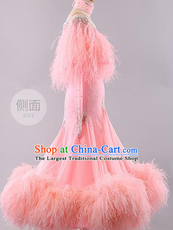 Professional Modern Dance Waltz Pink Feather Dress International Ballroom Dance Competition Costume for Women