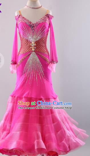 Professional Modern Dance Waltz Rosy Dress International Ballroom Dance Competition Costume for Women