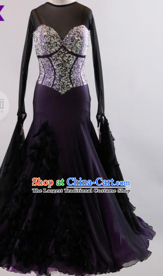 Professional Modern Dance Waltz Dark Purple Dress International Ballroom Dance Competition Costume for Women
