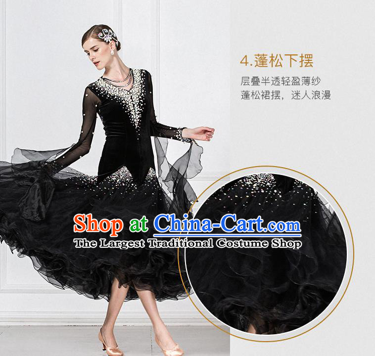 Professional Modern Dance Waltz Competition Black Dress International Ballroom Dance Costume for Women