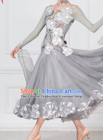 Professional Modern Dance Waltz Grey Dress International Ballroom Dance Competition Costume for Women