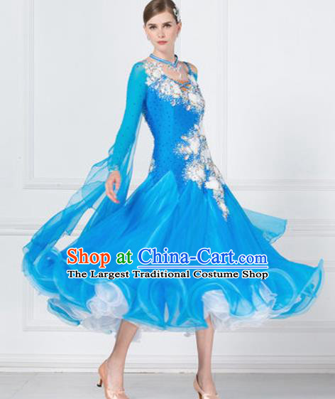 Professional Modern Dance Waltz Blue Dress International Ballroom Dance Competition Costume for Women
