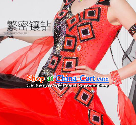 Professional Ballroom Dance Waltz Red Paillette Dress International Modern Dance Competition Costume for Women