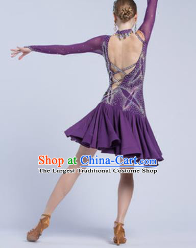 Top Latin Dance Competition Deep Purple Dress Modern Dance International Rumba Dance Costume for Women