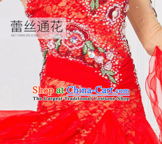Top Grade Modern Dance Red Lace Dress Ballroom Dance International Waltz Competition Costume for Women