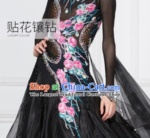 Top Grade Modern Dance Black Dress Ballroom Dance International Waltz Competition Costume for Women