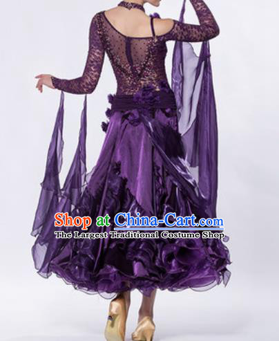 Professional Waltz Competition Modern Dance Purple Lace Bubble Dress Ballroom Dance International Dance Costume for Women