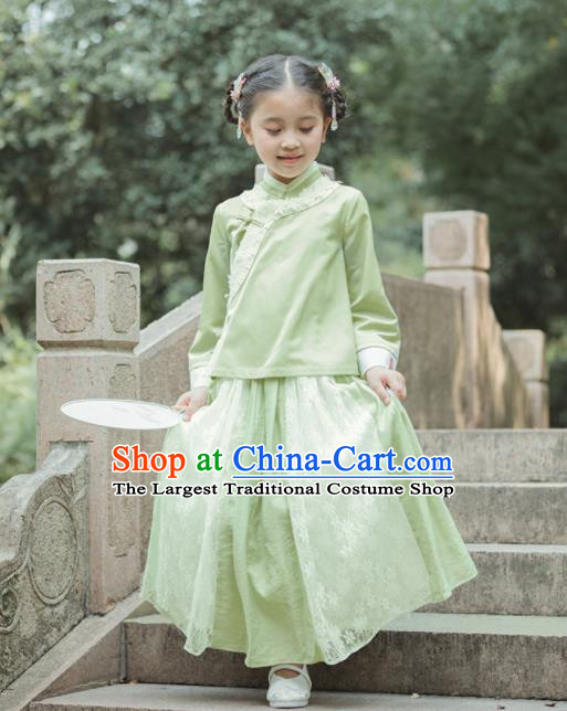 Chinese National Girls Green Cheongsam Costume Traditional New Year Qipao Dress for Kids