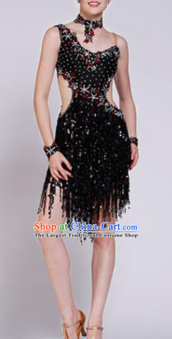 Professional Latin Dance Cha Cha Dance Black Tassel Dress Modern Dance Competition Costume for Women