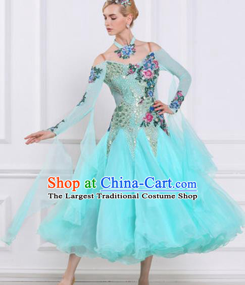 Top Grade Modern Dance Light Blue Veil Dress Ballroom Dance International Waltz Competition Costume for Women