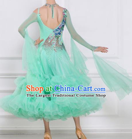 Top Grade Modern Dance Light Green Veil Dress Ballroom Dance International Waltz Competition Costume for Women