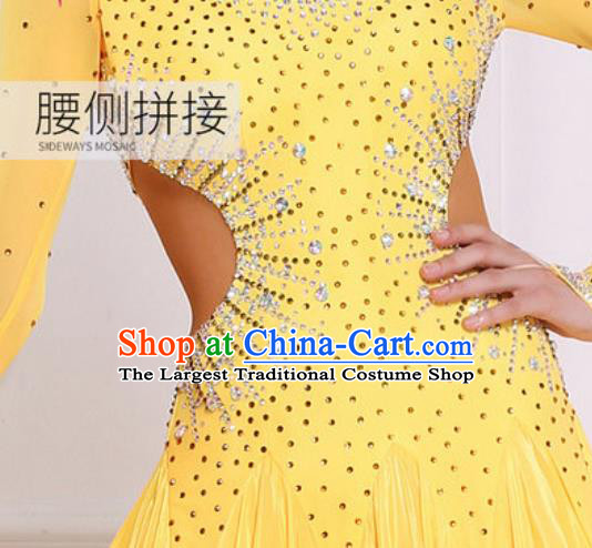 Top Grade Modern Dance Diamante Yellow Dress Ballroom Dance International Waltz Competition Costume for Women