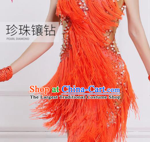 Professional Latin Dance Competition Orange Tassel Dress Modern Dance International Rumba Dance Costume for Women