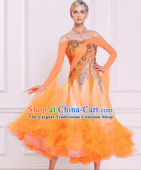 Top Waltz Competition Modern Dance Diamante Orange Dress Ballroom Dance International Dance Costume for Women