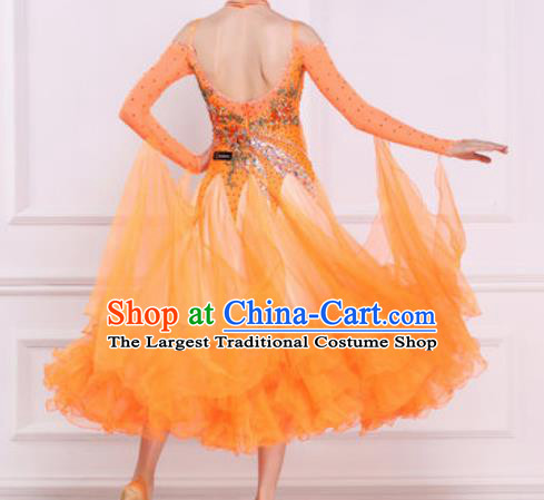 Top Waltz Competition Modern Dance Diamante Orange Dress Ballroom Dance International Dance Costume for Women