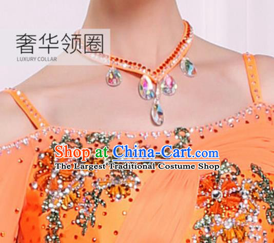 Top Waltz Competition Modern Dance Diamante Orange Dress Ballroom Dance International Dance Costume for Women