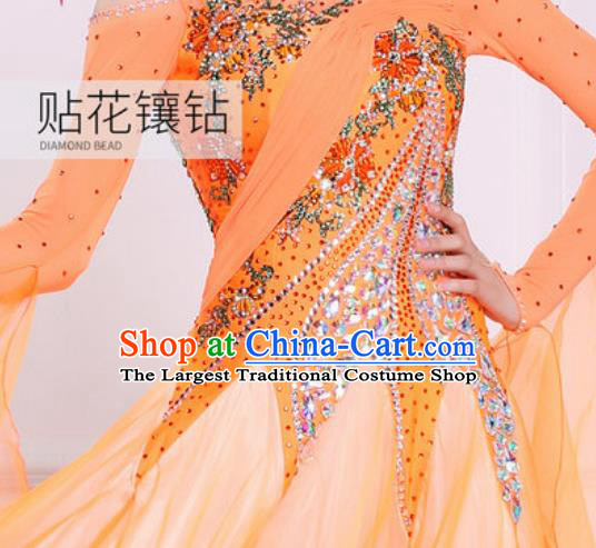 Top Waltz Competition Modern Dance Diamante Orange Dress Ballroom Dance International Dance Costume for Women