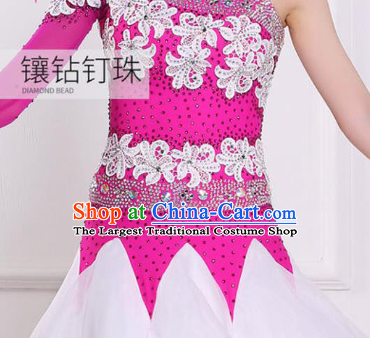 Top Waltz Competition Modern Dance Diamante Rosy Dress Ballroom Dance International Dance Costume for Women