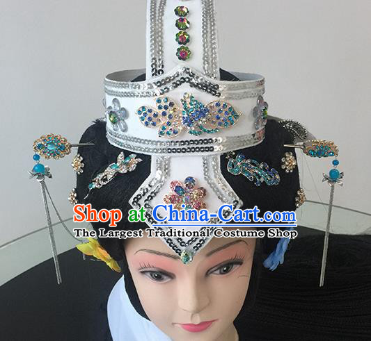 Chinese Beijing Opera Taoist Nun White Headgear Traditional Peking Opera Diva Wig Sheath and Hair Accessories for Women