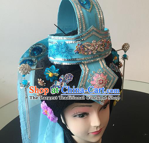 Chinese Beijing Opera Taoist Nun Blue Headgear Traditional Peking Opera Diva Wig Sheath and Hair Accessories for Women