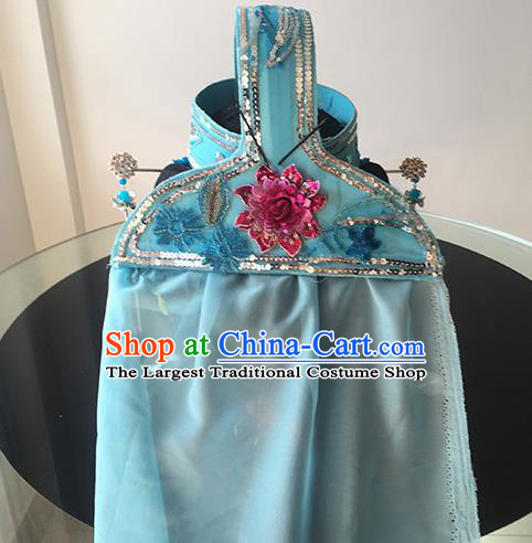 Chinese Beijing Opera Taoist Nun Blue Headgear Traditional Peking Opera Diva Wig Sheath and Hair Accessories for Women