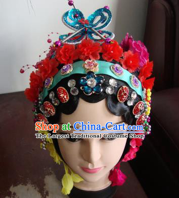 Chinese Beijing Opera Girls Red Flowers Headgear Traditional Peking Opera Wig Sheath and Hair Accessories for Women