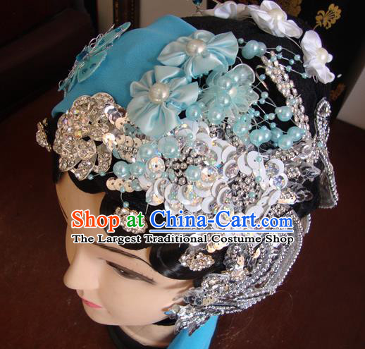 Chinese Beijing Opera Civilian Blue Headgear Traditional Peking Opera Wig Sheath and Hair Accessories for Women
