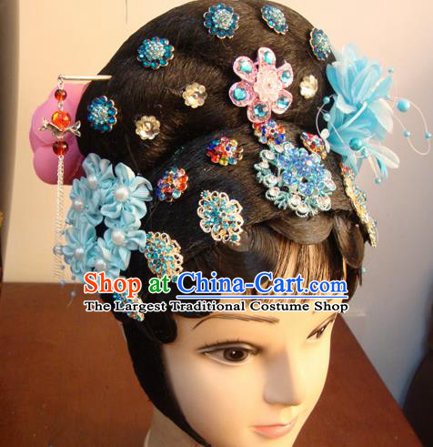 Chinese Beijing Opera Actress Blue Headgear Traditional Peking Opera Wig Sheath and Hair Accessories for Women