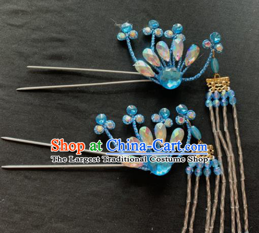 Chinese Beijing Opera Diva Blue Phoenix Tassel Hairpins Headgear Traditional Peking Opera Queen Hair Accessories for Women