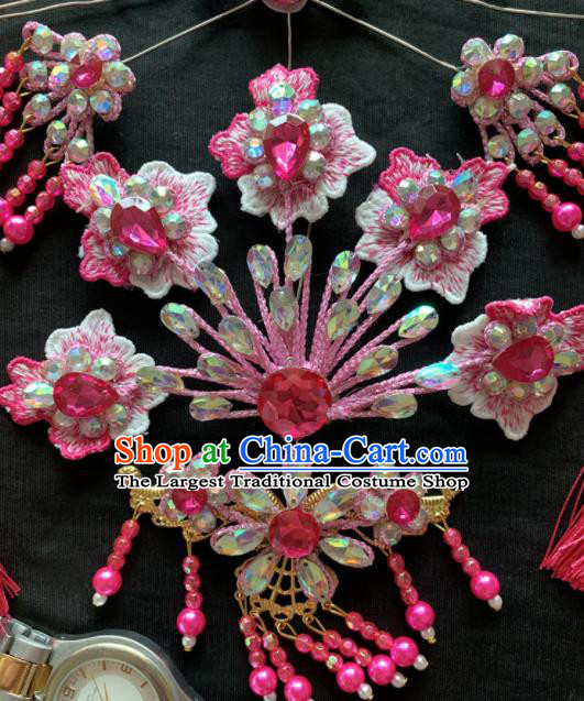Chinese Beijing Opera Diva Rosy Flowers Tassel Hairpins Headgear Traditional Peking Opera Queen Hair Accessories for Women