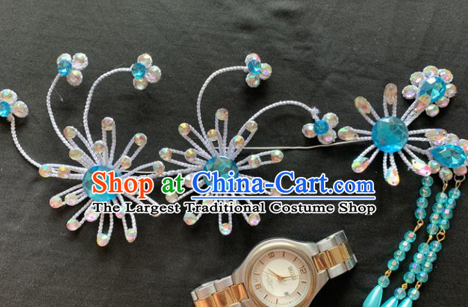 Chinese Beijing Opera Diva Blue Tassel Hairpins Headgear Traditional Peking Opera Queen Hair Accessories for Women