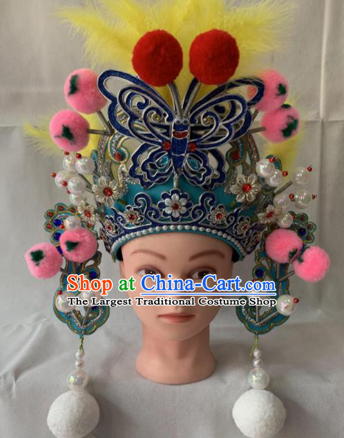 Chinese Beijing Opera Female Swordsman Blue Hat Traditional Peking Opera Hair Accessories for Women