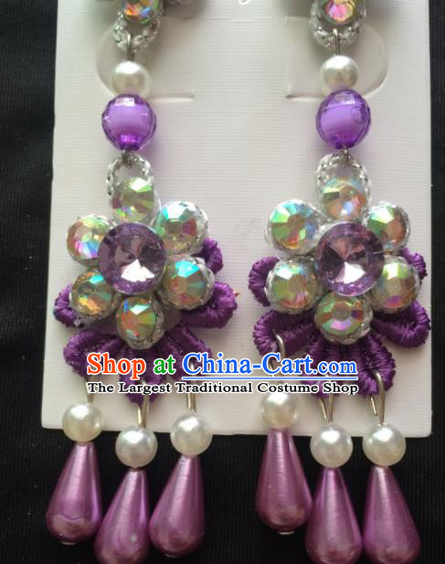 Chinese Beijing Opera Diva Purple Flower Earrings Traditional Peking Opera Princess Ear Accessories for Women