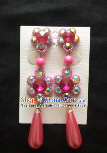 Chinese Beijing Opera Diva Rosy Crystal Earrings Traditional Peking Opera Princess Ear Accessories for Women
