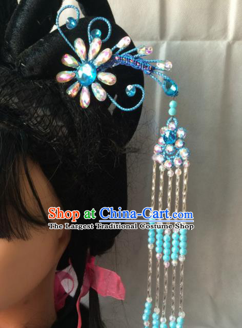 Chinese Beijing Opera Diva Blue Phoenix Hairpins Traditional Peking Opera Princess Hair Accessories for Women