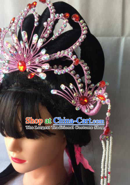 Chinese Beijing Opera Diva Pink Phoenix Coronet Hairpins Traditional Peking Opera Queen Hair Accessories for Women