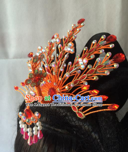 Chinese Beijing Opera Diva Red Phoenix Coronet Hairpins Traditional Peking Opera Queen Hair Accessories for Women