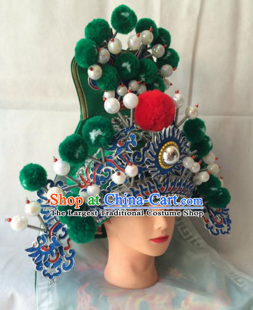 Chinese Beijing Opera Royal Highness Green Hat Traditional Peking Opera Swordsman Helmet Headwear for Men