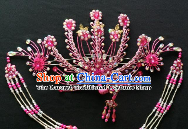 Chinese Beijing Opera Diva Rosy Phoenix Hair Crown Traditional Peking Opera Queen Hairpins Hair Accessories for Women