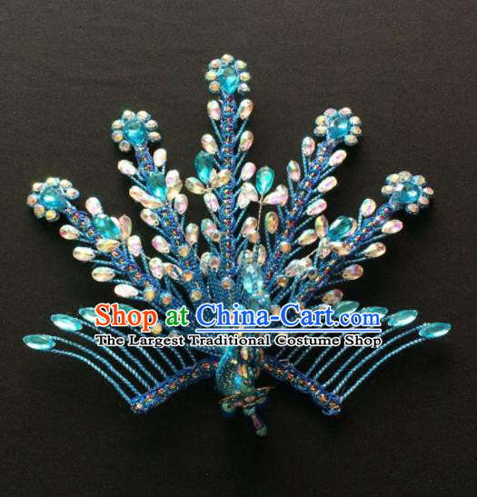 Chinese Beijing Opera Diva Blue Phoenix Hair Crown Traditional Peking Opera Queen Hairpins Hair Accessories for Women