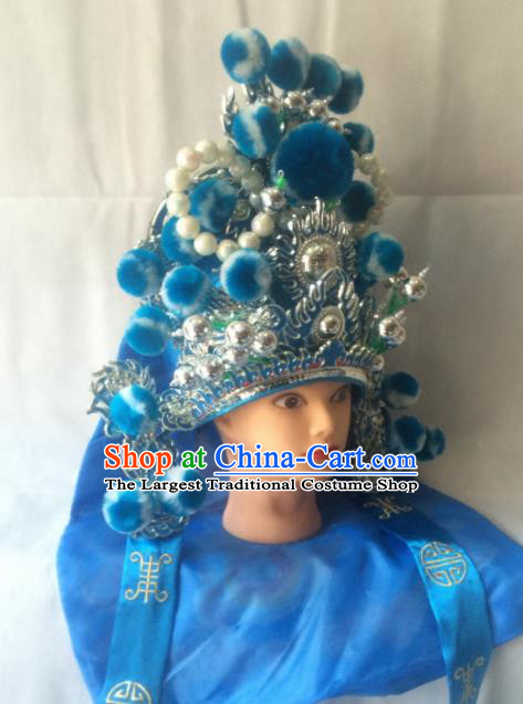 Chinese Beijing Opera Imperial Bodyguard Blue Hat Traditional Peking Opera Takefu Headwear for Men