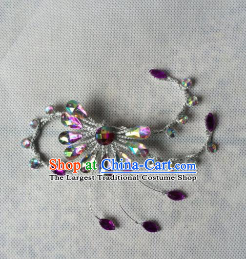 Chinese Beijing Opera Diva Purple Crystal Hair Claw Hairpins Traditional Peking Opera Hair Accessories for Women