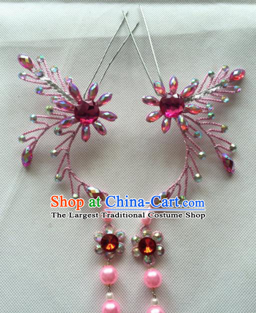 Chinese Beijing Opera Princess Pink Tassel Hairpins Traditional Peking Opera Diva Hair Accessories for Women