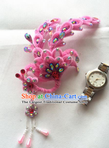 Chinese Beijing Opera Princess Pink Velvet Phoenix Hairpins Traditional Peking Opera Diva Hair Accessories for Women