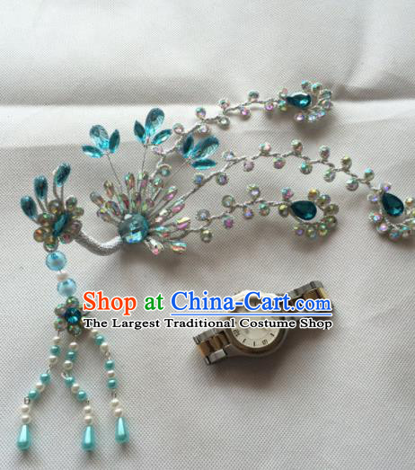 Chinese Beijing Opera Princess Blue Crystal Phoenix Hairpins Traditional Peking Opera Diva Hair Accessories for Women