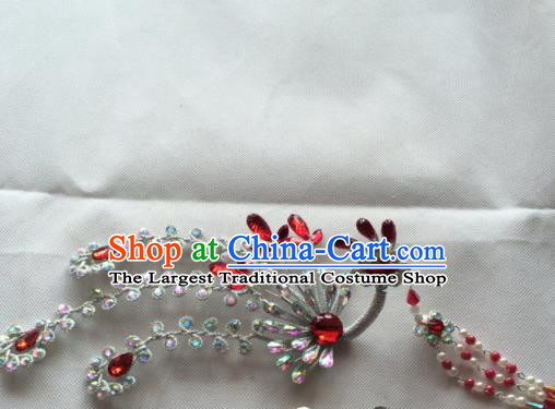 Chinese Beijing Opera Princess Red Crystal Phoenix Hairpins Traditional Peking Opera Diva Hair Accessories for Women