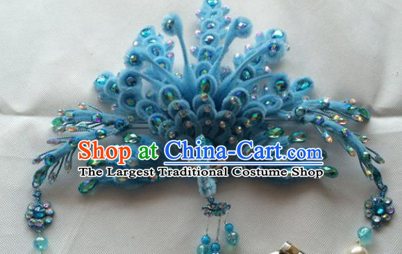 Chinese Beijing Opera Queen Blue Velvet Phoenix Hair Crown Hairpins Traditional Peking Opera Diva Hair Accessories for Women