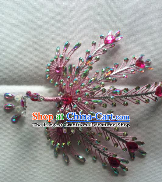 Chinese Beijing Opera Queen Pink Phoenix Hair Crown Hairpins Traditional Peking Opera Diva Hair Accessories for Women