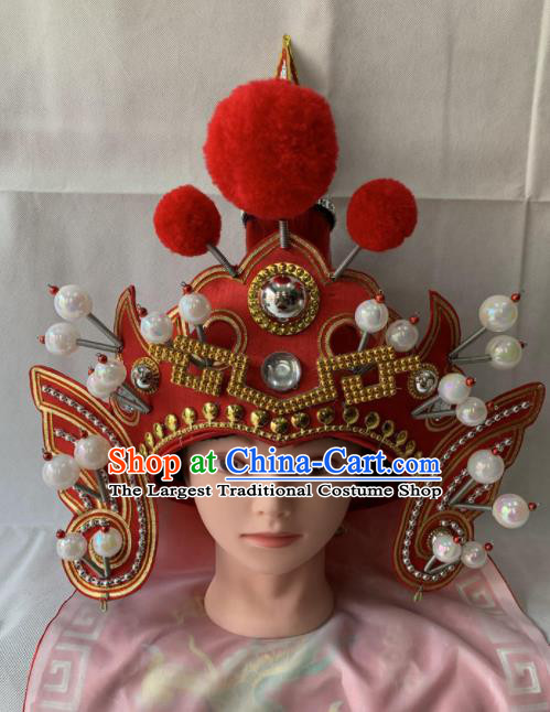Chinese Beijing Opera Takefu Red Hat Traditional Peking Opera Soldier Helmet Headwear for Men