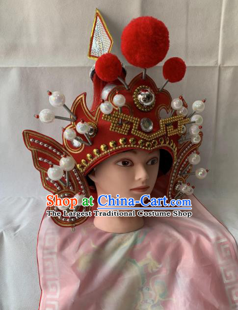 Chinese Beijing Opera Takefu Red Hat Traditional Peking Opera Soldier Helmet Headwear for Men